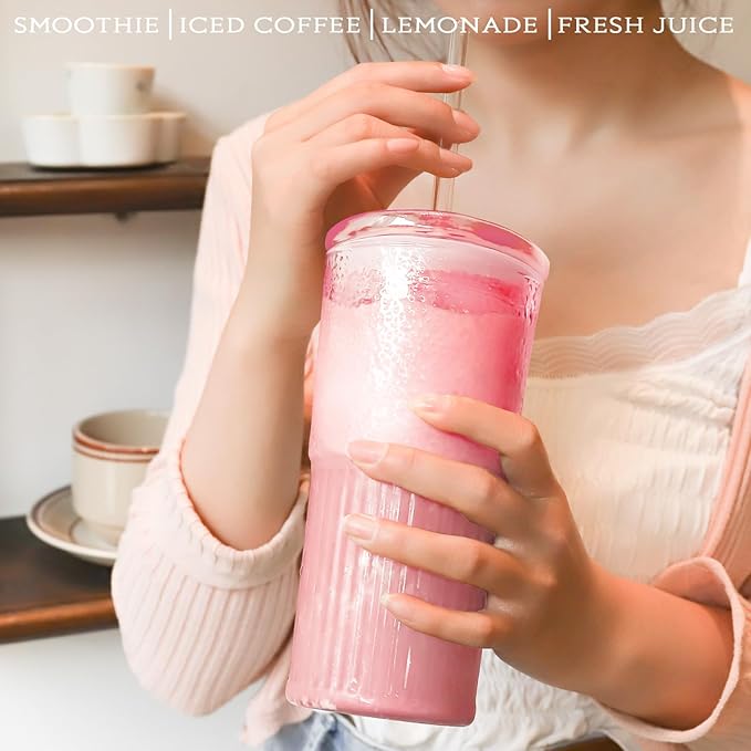 Puraville 2 Pack 20oz Glass Gups with lids and Straws, High borosilicate Reusable Iced Coffee Cup Tumbler, Leak Proof Driking Glass Mug for Water, Juices, Cocktails, Pink
