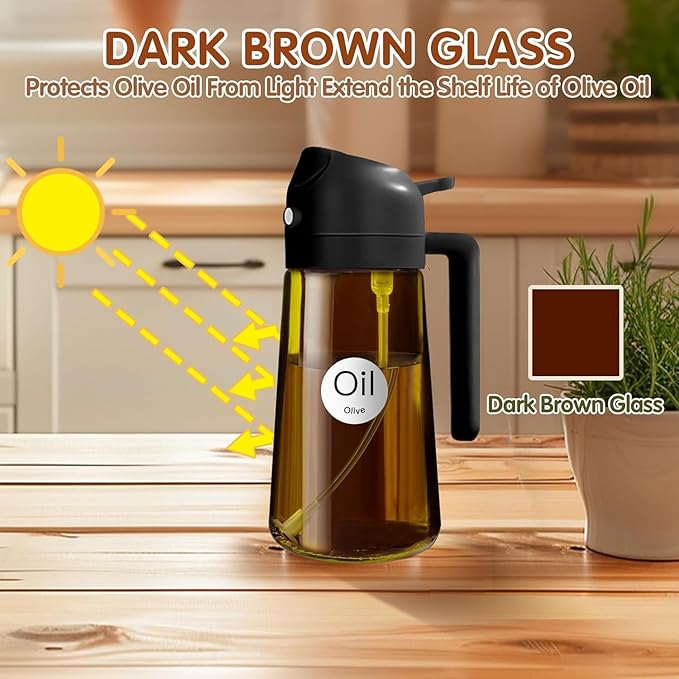 16oz/470ml Glass Olive Oil Sprayer for Cooking - 2 in 1 Olive Oil Dispenser for Kitchen Gadgets, Air Fryer, Salad, and BBQ (black)