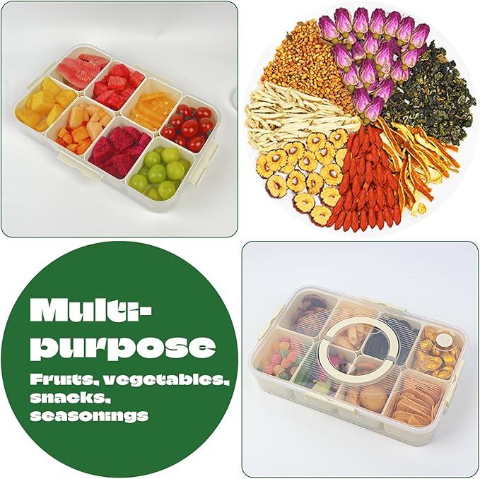 Snackle Box Container, Dishwasher and Microwave Safety Divided Serving Tray with Lid and Handle, Portable Snack Platters Clear Plastic Boxes for Fruits, Snacks and Candy（8 Compartments）