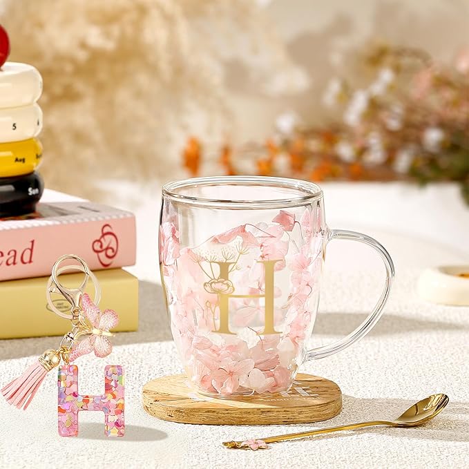 Personalized Gifts for Women Flower Glass Coffee Mug Initial Tea cup Monogrammed Customized Bridesmaid Bride Wedding Gifts Graduation Gifts Valentine Mother's Day Birthday Christmas Gift (H)