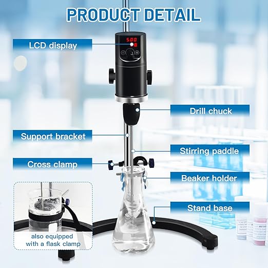 Electric Overhead Stirrer, LCD Digital Overhead Lab Mixer,Time and Speed Adjustable, 100-2000RPM, 0-10000mpas, Mix40L, Two Stirring Rods