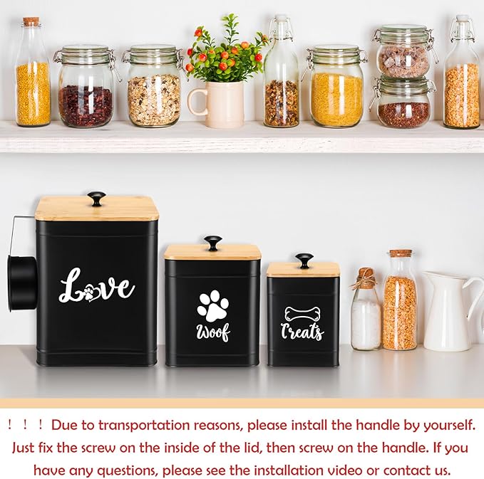 Jingmore Metal Dog Treat Containers Set of 3 with Bamboo Lids and Spoon Airtight 7+3+2 lbs Dog Food Snack Jars with DIY Labels Big Pet Cookie Storage Jar for Kitchen Counter(Black,Classic)