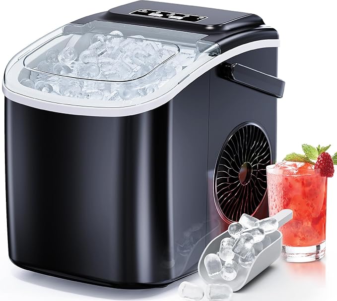 Ice Maker Countertop, Portable Ice Machine Ready in 6 Minutes with 9 Cubes 26LBS in 24H, Self-Cleaning with Ice Scoop and Basket, Two Sizes of Bullet Ice for Home Kitchen Office, Bar and Parties
