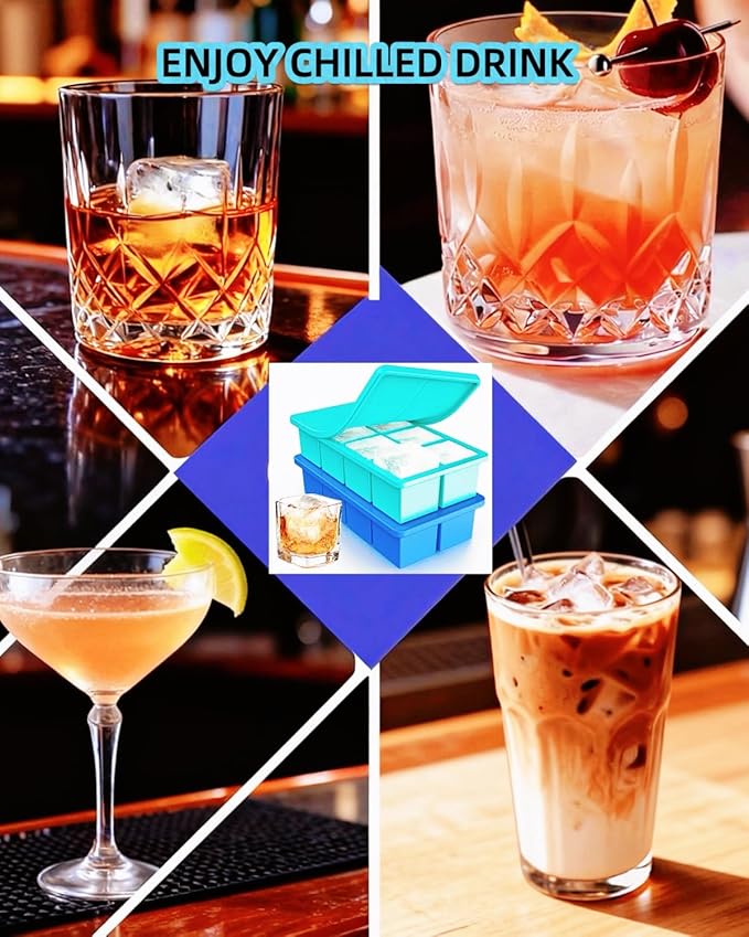 Silicone Large Ice Cube Tray for Whiskey, Lxndaser 2 Pack Square Ice Cube Molds, 2 Inch Big Silicone Old Fashioned Ice Tray, Leakproof Stackable Ice Trays With Lid for Freezer, Cocktails, Iced Coffee