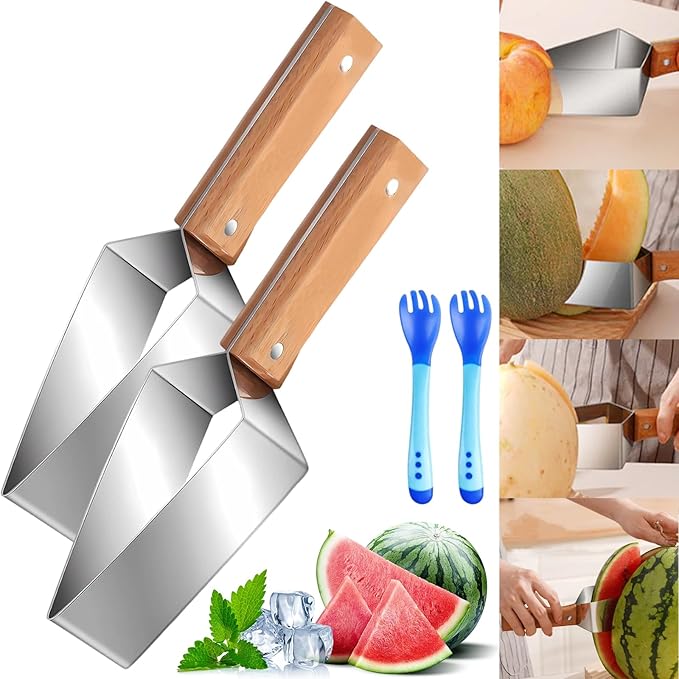2026 Stainless Steel Watermelon Slicer, Triangle Watermelon Cutter, Stainless Steel with Wooden Handle for A Wide Variety Watermelon, Cantaloupe, Honeydew,and More (2PCS)