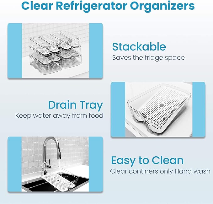 SMRCAD 10 Pack Refrigerator Organizers, Clear Container and Organizer Bins with Lids, Stackable Storage Containers for Fruits, Vegetable (Set of 10)