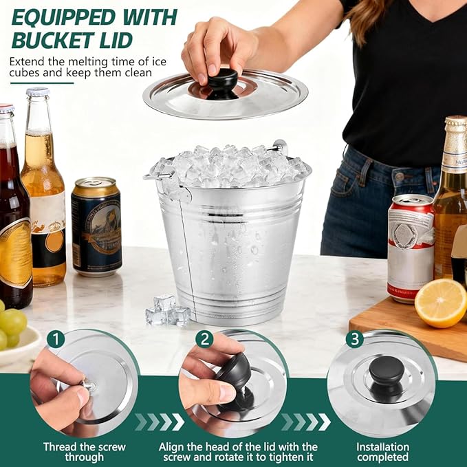 OBTANIM 3 Pack 5L Stainless Steel Metal Ice Buckets Champagne Drink Cooler Storage Ice Pails with Handle and Lid for Party Favors Organizing Home Parties Bar Cooling Supplies