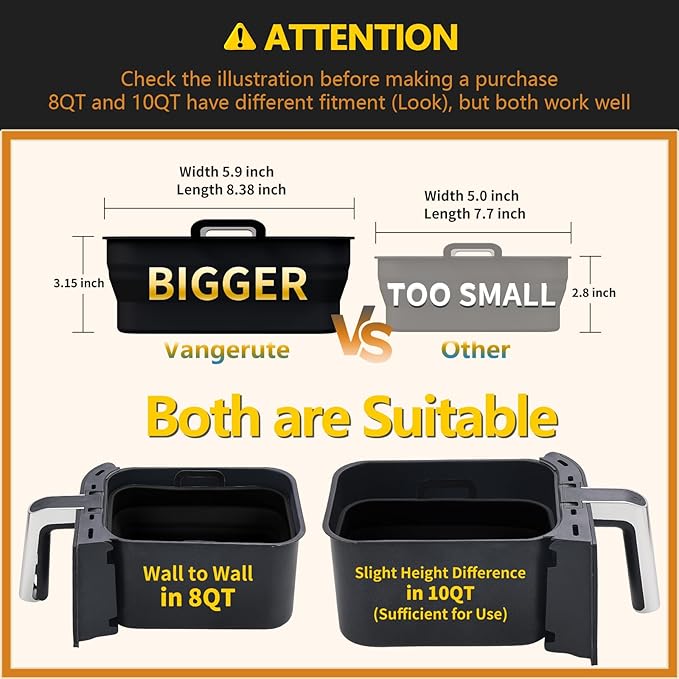 Collapsible 2-Pack Air Fryer Silicone Liners for 8QT & 10QT NINJA Foodi Dual, Reusable Rectangular Silicone Basket Pot for Air Fryer Accessories (Black)
