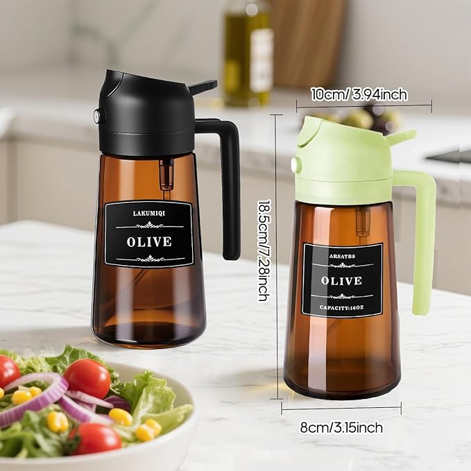 16oz/470ml Olive Oil Sprayer for Cooking, 2 in 1 Oil Dispenser Bottle Spray and Pour with Stickers, Premium Dark Brown Glass Oil Bottle for Air Fryer and Salad