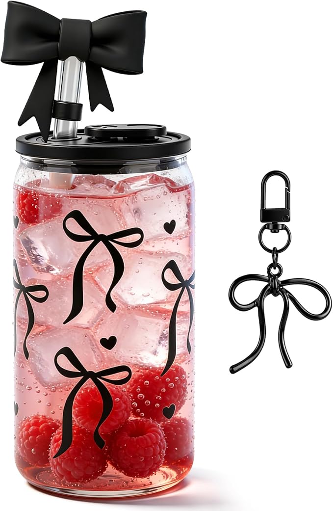 Mason Life Bow Glass Cup 18 OZ with Designs, Black Bow Cup for Preppy Stuff, Cute Tumbler with Straw Cover & Keychain for Women Teen Girls Iced Coffee, Matcha and Smoothies