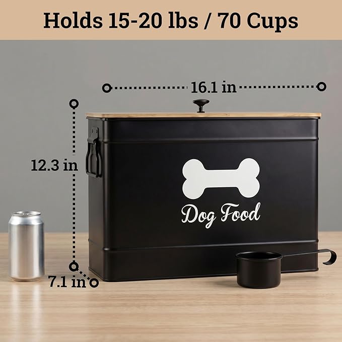 Dog Food Container Airtight 15 lb (50 Cup) Capacity with Metal Scoop - Cute Airtight Dog Food Storage Container with Bamboo Lid - Black Metal Kibble Storage Bin for Dogs up to 100 lbs - Big Pet Jar