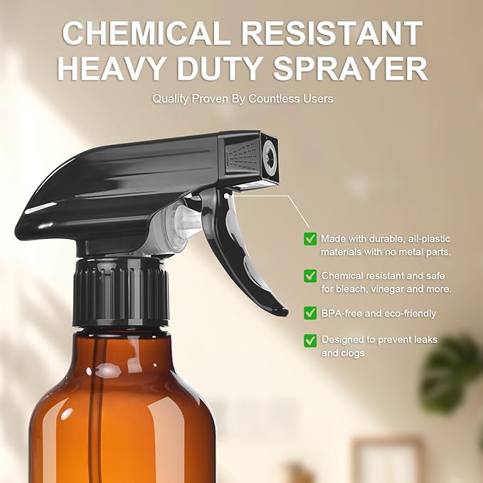 Uineko Spray Bottles 2-Pack, 10 Oz, Mist & Stream, Heavy Duty Spraying Empty Water Sprayer Bottle, BPA Free Plastic Refillable Containers for Cleaning Solutions, Plants, Hair, Essential Oils (Amber)