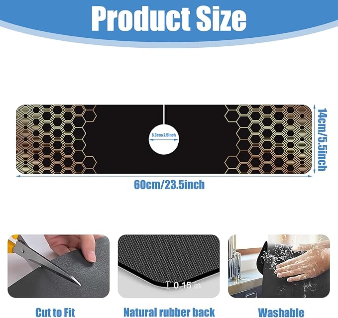 Sink Splash Guard Faucet Mat Black Gold Honeycomb Absorbent Fast Drying Mat Sink Gadgets Splash Guard Behind Faucet Drip Catcher for Kitchen Bathroom 23.5"X5.5"