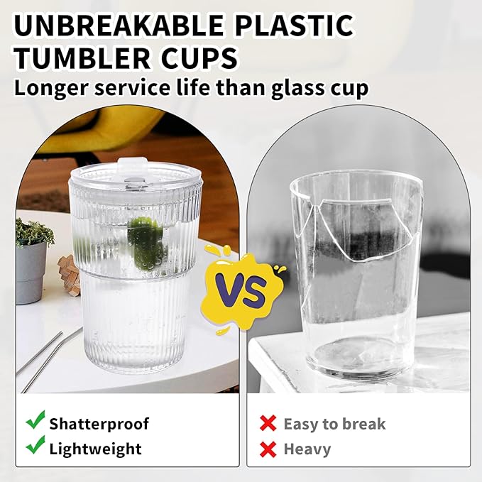16 OZ Iced Coffee Cups with Lids and Straws Set of 4, Unbreakable Plastic Drinking Glasses Reusable Iced Coffee Glass to Go Cup for Iced Tea,Juice, Water,BPA Free, Dishwasher Safe