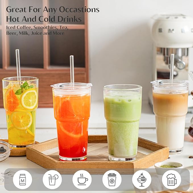 INSETLAN 20oz Clear Glass Cup with Lid and Glass Straw, Set of 6 Thickened Glass Coffee Tumblers, Drinking Glasses with Straw for Smoothie, Tea, Milk, Whiskey, Water and More – Elegant & Durable