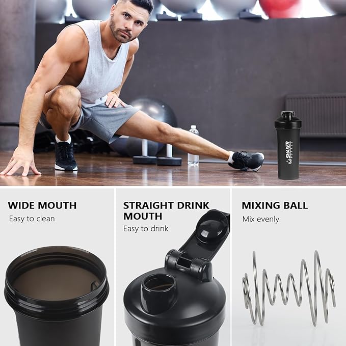 Protein Shaker Bottle 24oz- Leak- Proof GYM Shaker Cup with Handle and Mixing Ball Effortlessly Blend Drinks, Stay Hydrated During Workouts - BPA Free (BLACK)