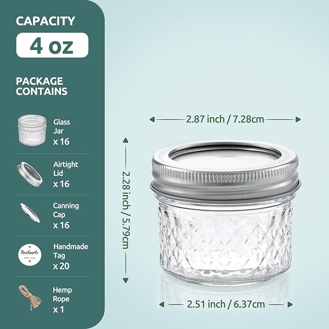 Tecohouse 16 Pack, 4 oz Small Mason Jars with Leakproof Lids, Regular Mouth Mason Jars | 4 oz Glass Jars with Lids for Honey, Jam, Snacks, Spices, DIY Candles & Crafts