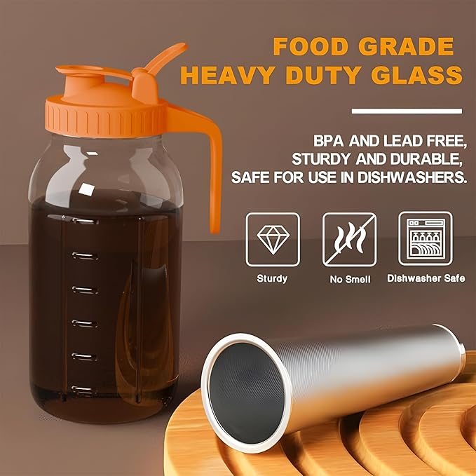 JunVpic Cold Brew Coffee Maker Jar - 64oz Thick Glass Multipurpose Mason Pitcher Spout Lid with Handle & Stainless Steel Filter for Iced Coffee, Lemonade, Ice Tea, Homemade Fruit Drinks Container