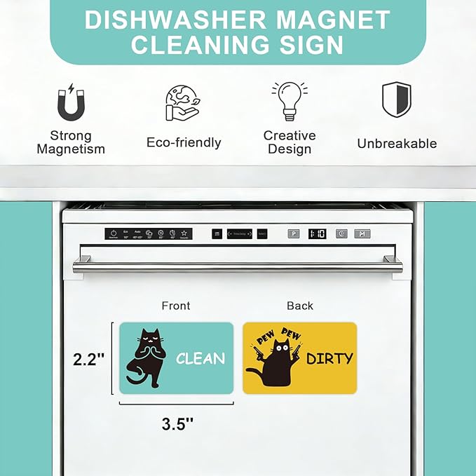Funny Black Cat Clean Dirty Dishwasher Magnet - Cute Refrigerator Kitchen Magnet, Non-Scratch Strong Double Sided Washing Machine Sign, Housewarming Gifts for Cat Lovers, Home Apartment Essentials (Green&Yellow)