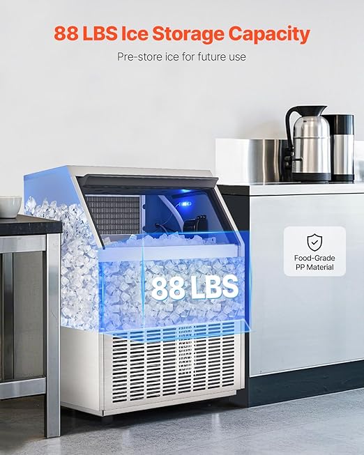 VEVOR 300lbs/24H Commercial Ice Maker, 126 Ice Cubes in 15 Minutes, Freestanding Ice Maker Machine with 88lbs Large Storage Capacity for Bar Office Restaurant, with LED Digital Display & Self-Cleaning