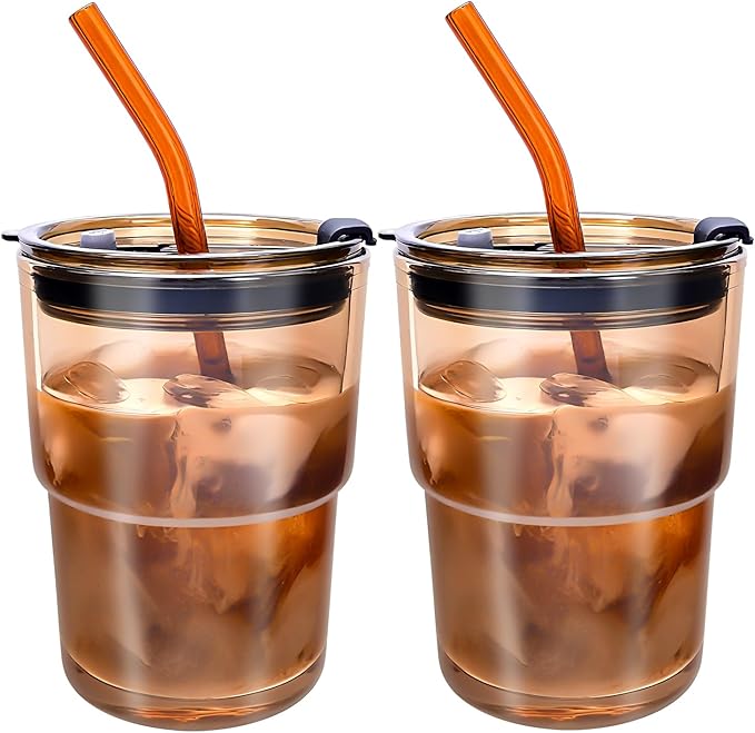2 PCS Iced Coffee Cups with Lids, 15Oz/450ml Glass Cups With Lids and Straws, Iced Coffee Glasses Tumbler, Thick Wall Glass Mug For Tea Water With 2 Straw And Leather Sleeve, Xmas Gifts (Amber)