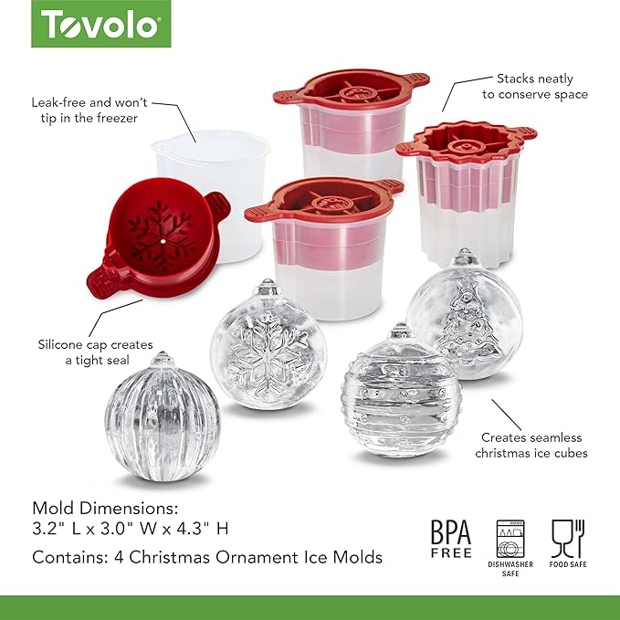 Tovolo Christmas Ornament Ice Cube Molds Set of 4 for Holiday Drinks and Cocktails, Silicone Ice Molds Christmas Tree Snowflake Shapes, BPA Free Dishwasher Safe, Christmas Gifts for Adults