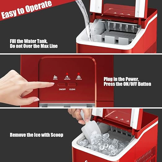 COSTWAY Countertop Ice Maker, 26Lbs/24H Portable Ice Machine with Self-Cleaning Function, Bullet Ice Cubes Ready in 8 Mins, Scoop and Removable Basket,Ice Maker for Home Party Bar, Red