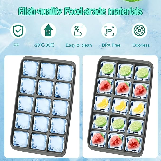 2 Pcs Easy Release Ice Cube Trays, Snow Gray Flexible Silicone Ice Cube Molds Removable Lid Stackable for Whiskey, Beverages, Baby Food (15 cubes 0.7oz)