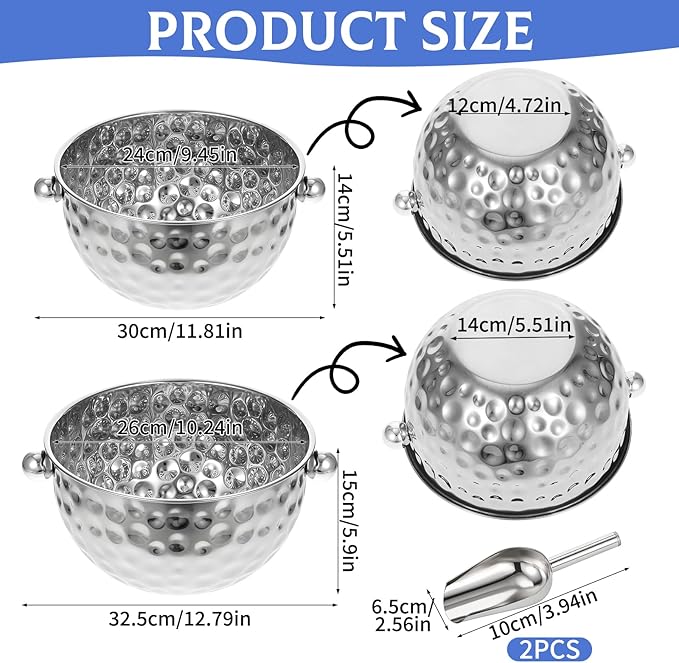 2 Pack Ice Buckets with Scoops, 4.6L&6L Metal Beverage Tubs, Stainless Steel Wine Bucket, Champagne Bucket, Large Ice Buckets for Parties Beer Bottle Drinks, Dishwasher Safe