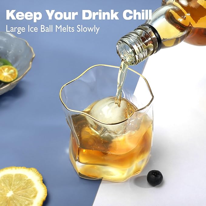 Round Ice Cube Mold with Lid - 2.2 Inch Sphere Ice Ball Maker, Large Whiskey Ice Cubes Mold with Easy Release, Reusable Silicone & Plastic Tray for Bourbon, Scotch, Brandy, Cocktails, Gift