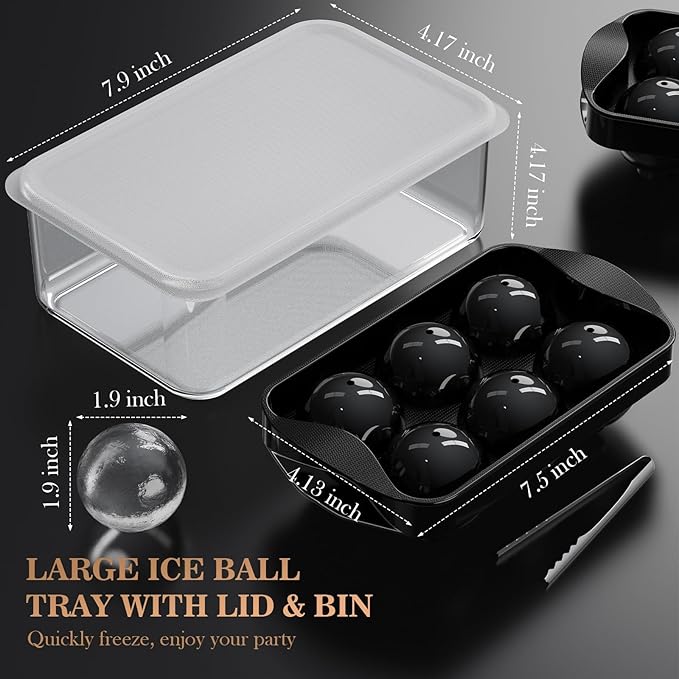 Whiskey Ice Cubes Mold 2 Pack - Round Ice Cube Mold & Ice Ball Maker Set with Storage Bin, Ice Cube Trays with Lid, Tongs for Bourbon & Cocktails, Gifts for Whiskey Lover