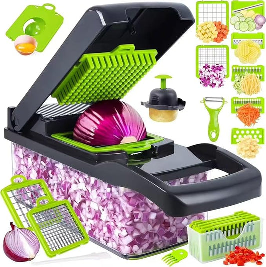 16-in-1 Multifunctional Vegetable Chopper with Container and Lid - Onion Dicer, Food Processor, Salad Chopper - BPA-Free, Essential Kitchen Gadget.
