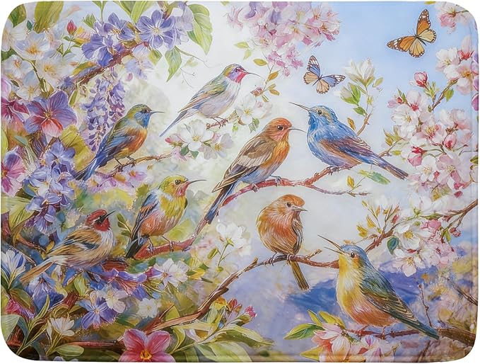Floral Birds Dish Drying Mat Spring Decoration Absorbent Dish Drain Cloth Mat 18 X 24 for Kitchen Coffee Bar