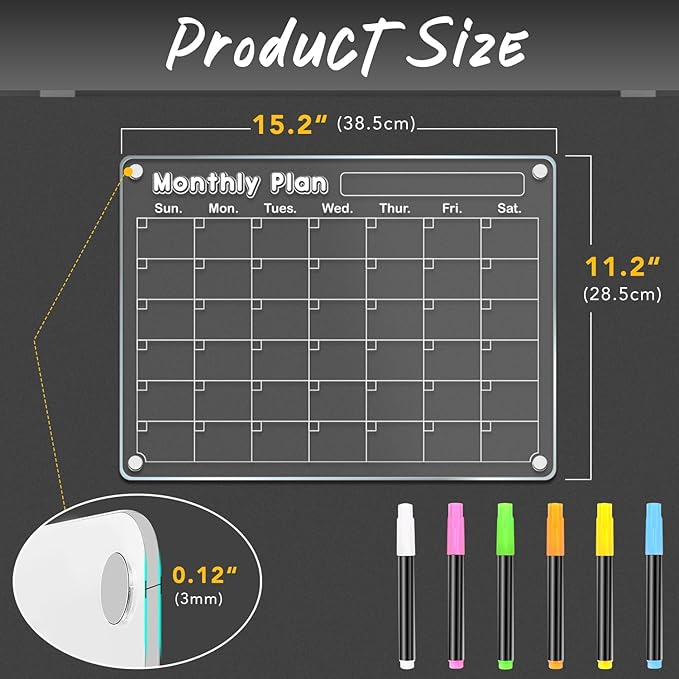 DIYMAG Magnetic Calendar for Refrigerator 3 PCS Dry Erase Whiteboard 15.2"x11.2" Magnet Fridge Monthly Weekly White Board Wall Planners Acrylic Clear Apartment Decor Meal Planner with 6 Colors Markers