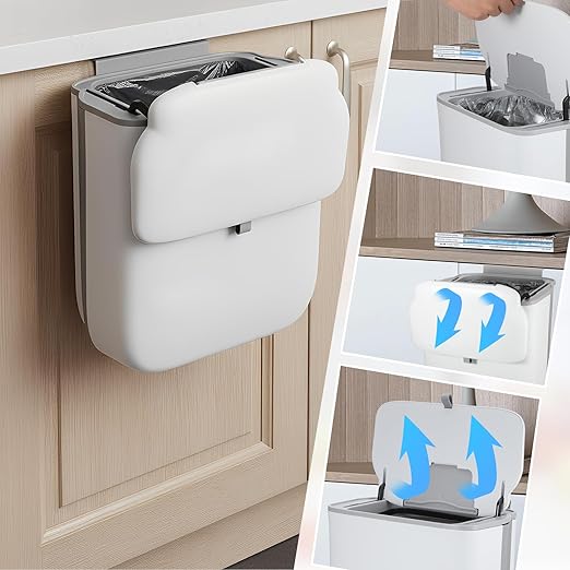 1 Pcs Foldable Hanging Trash Can, 2.6 Gallon Wall Mounted Kitchen Waste Bin with Lid Foldable Plastic Waste Bin Expandable Hanging Trash Can for Kitchen, Bathroom, Cabinet (White, Grey)