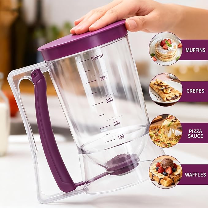 Pancake Batter Dispenser - 4-Cup Cupcake Batter Separator with Squeeze Handle - Kitchen Must Have Baking Tool for Pancakes, Cupcake, Waffle, Muffin Mix - Pancake Maker with Measuring Label
