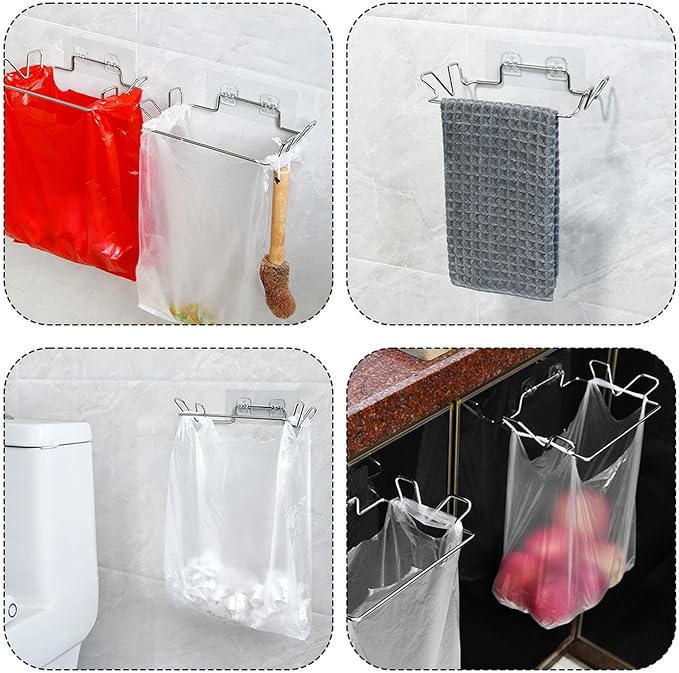 Stainless Steel Trash Bag Holder, Hanging Trash Can Rack for Cabinets/Door/Cupboards/Wall, Plastic Bag Holder with 3Pcs Adhesive Wall Sticker, Kitchen Under Sink Dishcloth Rack