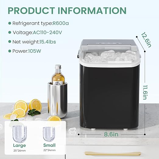 Ice Makers Countertop, Portable Ice Machine with Handle, 6 Mins 9 Bullet Ice Cubes with Basket and Scoop, 26lbs in 24Hrs, Auto-Cleaning, for Home, Kitchen, RV, Camping, Black