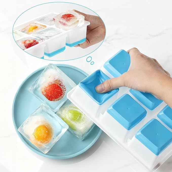 Large Ice Cube Trays 2 Pack, Easy Release 2.4" Big Ice Cubes, Stackable Ice Trays for Freezer, Silicone Cocktail, Whiskey Ice Cubes Mold with Lid, Dishwasher Safe - BPA Free