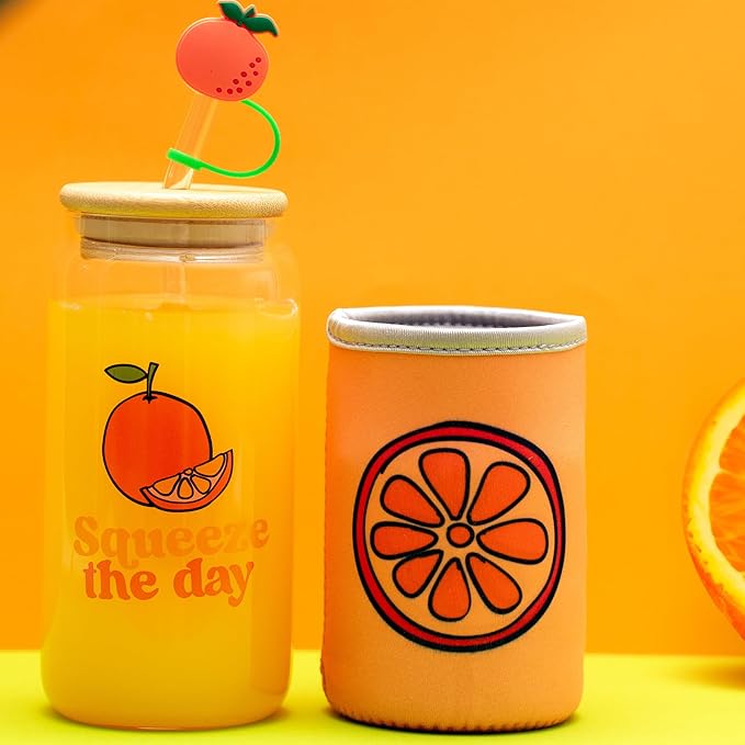 The Love Crate Co. Orange Gifts for Women - Glass Tumbler with Lid and Straw, Customized Straw Stopper and Cup Sleeve. Aesthetic Unique Design Iced Coffee Gift Cup for Mom, Teacher, Friend