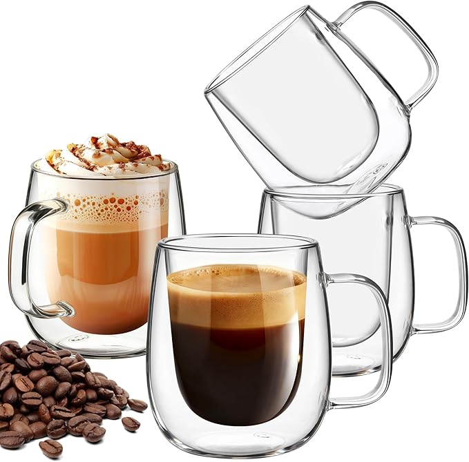 12 OZ Glass Coffee Mug Pack of 4, Double Wall Glass Mug with Handle Insulated Clear Glass Coffee Cup for Espresso, Cappuccino, Latte, Americano, Tea