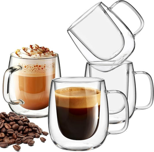 12 OZ Glass Coffee Mug Pack of 4, Double Wall Glass Mug with Handle Insulated Clear Glass Coffee Cup for Espresso, Cappuccino, Latte, Americano, Tea