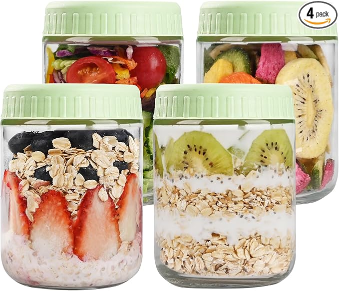 SHOWIN Overnight Oats Containers with Lids, 16oz Glass Jars with Lids 4 pcs, Light Green, Wide Mouth Mason jars for Salad, Yogurt, Snacks, Meal Prep