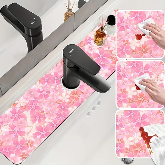 Sink Faucet Absorbing Mat Cherry Spring Flower Sink Splash Guard Drying Mat for Kitchen Bathroom Faucet Sinkmat 23.5"X5.5"