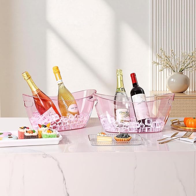 Ice Buckets for Parties, 2 PCS Acrylic Champagne Beverage Drinks Buckets Tub for Cocktail Bar, Long and Narrow 5.5 Liter Bucket for Party(5.5L) (Pink)