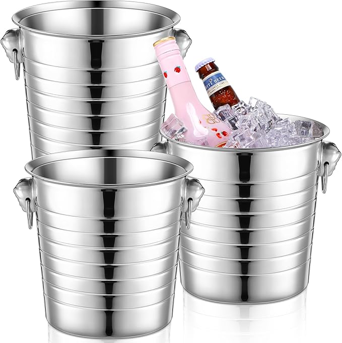 Pinkunn 3 Pack Stainless Steel Champagne Bucket 3 Qt Metal Ice Bucket Double Wall Wine Buckets with Handles Party Beverage Chiller for Champagne Beer Cocktail Wine Drinks Home Bar Accessories (Silver)