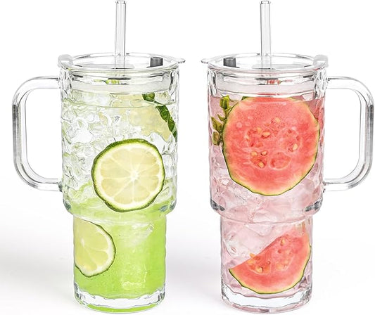 18oz Glass Tumbler with Handle and Lid, 2 Pack Iced Coffee Cups with Straw, Thicked Wall Glass Mug for Cold & Hot Water, Travel Car Cup for Smoothies, Tea, and Juice