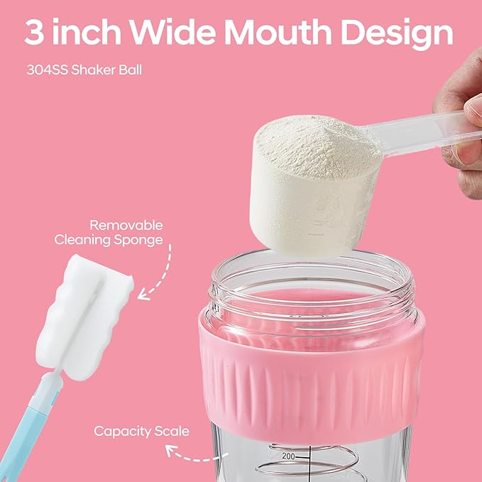 12oz Glass Shaker Bottle for Protein, Small Borosilicate Glass Protein Powder Leak-Proof Shaker Cup Mixes with 304 Blending Ball(12oz,Pink)