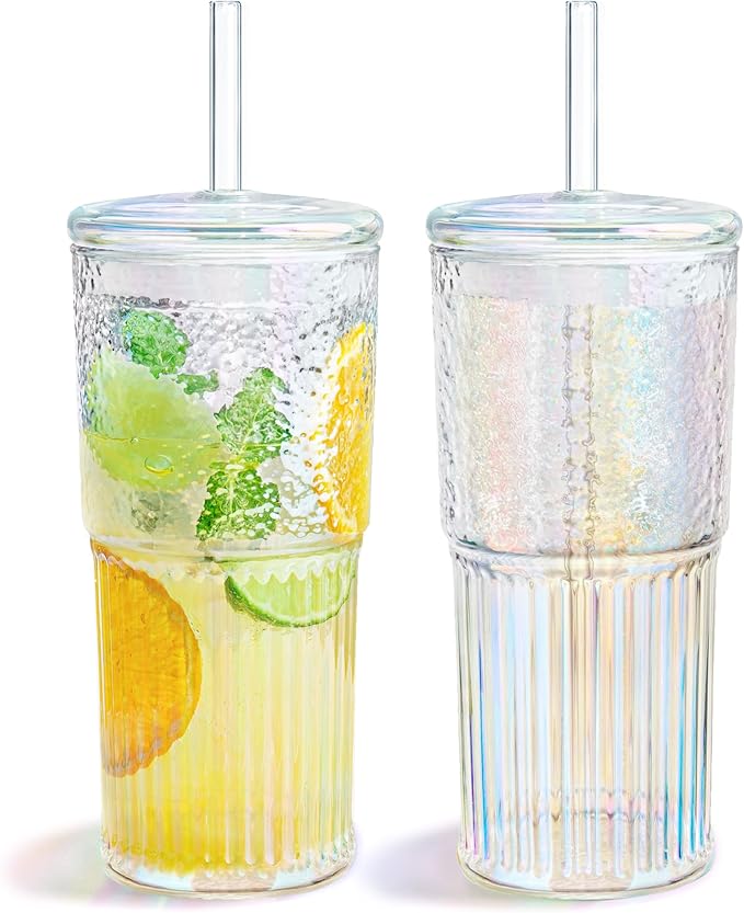 Puraville 2 Pack 20oz Glass Gups with lids and Straws, High borosilicate Reusable Iced Coffee Cup Tumbler, Leak Proof Driking Glass Mug for Water, Juices, Cocktails, Rainbow