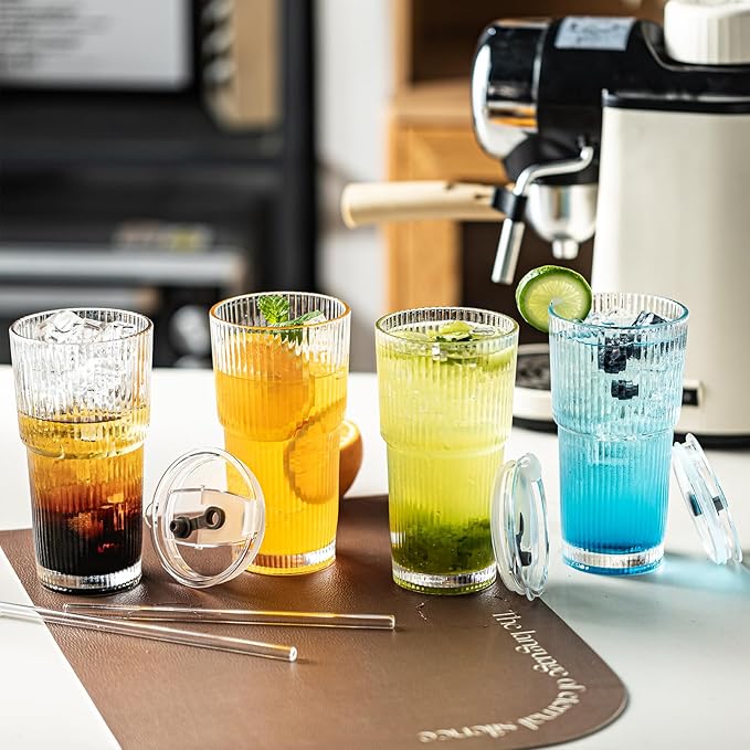 20 oz Ribbed Glass Tumbler with Lids and Straws - 4 Pack Iced Coffee Cups, Thickened Glass,cups for Iced Coffee, Smoothies, Cocktails and Juices 20.6 Cu. Ft.Freezer Refrigerator